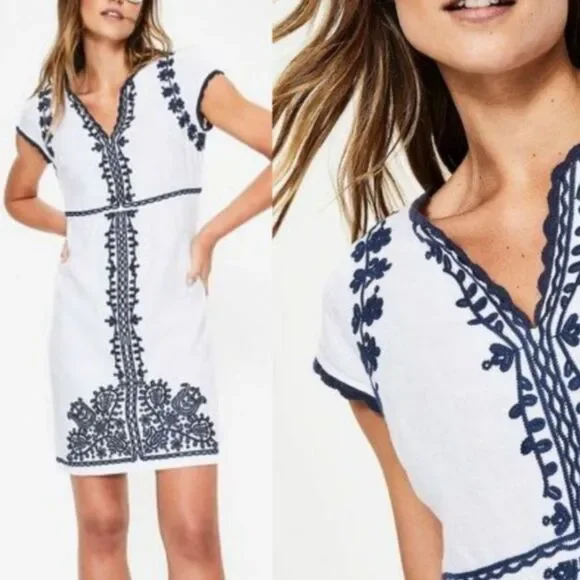Boden Bea Linen Embroidered Dress - Cabin Blue Ticking Stripe Size US 2 (2R) - Picture 3 of 16